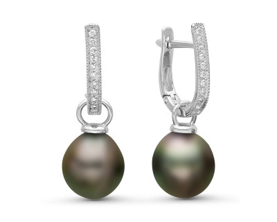 Серьги из серебра c черными морскими Таитянскими жемчужинами 10,6-10,9 мм
