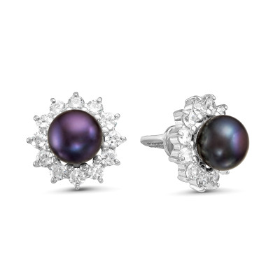 Серьги-гвоздики из серебра с черными речными жемчужинами 7,5-8 мм