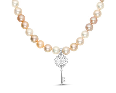 Ожерелье из розового и белого жемчуга с подвеской из серебра. Жемчужины 9-10 мм